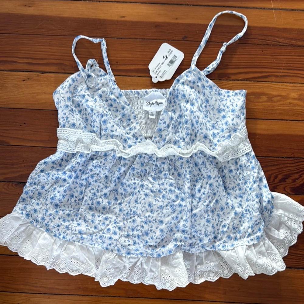 Blue Floral Lace Trim Camisole